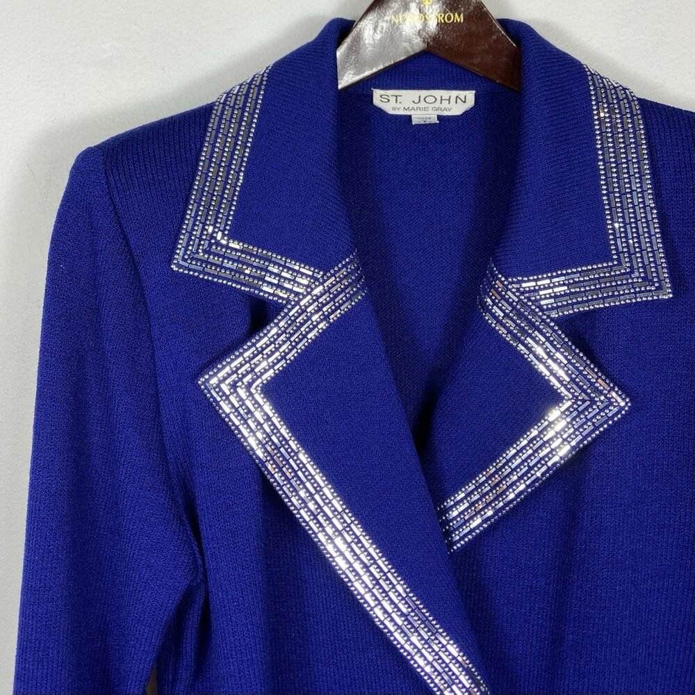 St. John Sz 14 Royal Blue Santana Knit Silver Paillette Rhinestone Blazer Jacket - Picture 3 of 9